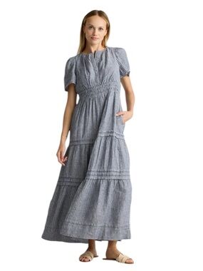 Quince 100% European Linen Tiered Maxi Dress Size Small Chambray Stripe Wedding